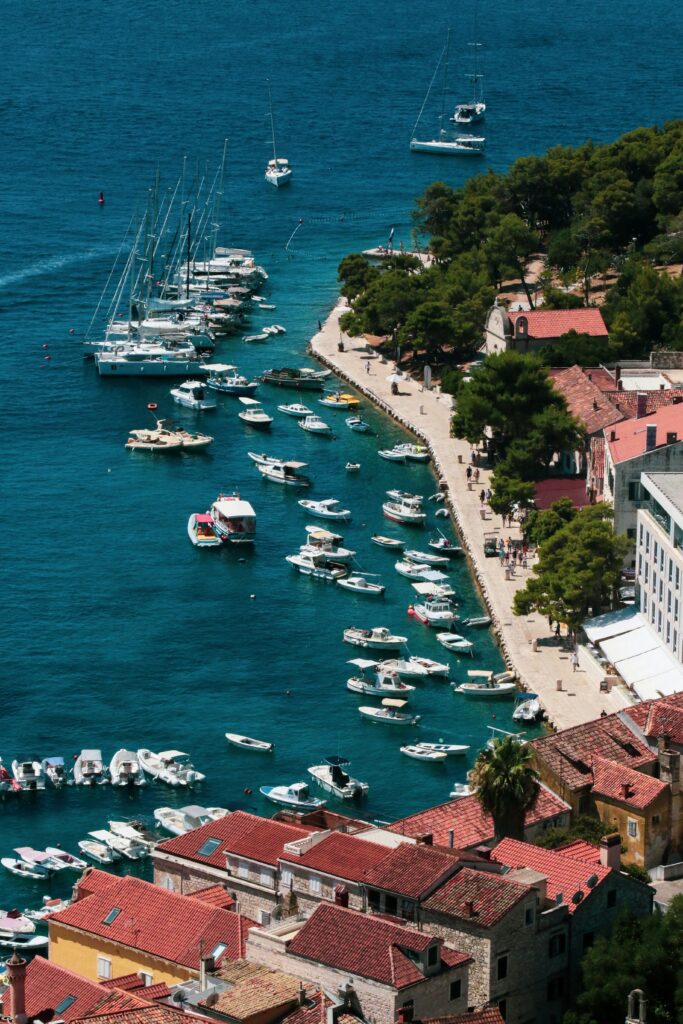 Aerial view of yachts and boats along the Hvar waterfront on Croatia’s Dalmatian Coast.